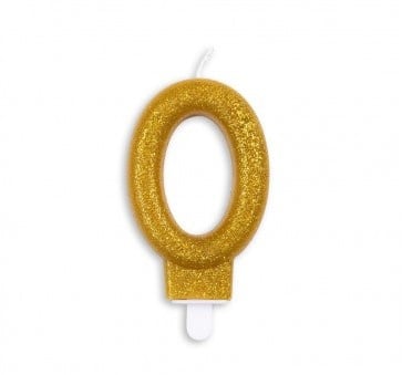 Taart kaars 0 jaar goud glitter 7 cm.