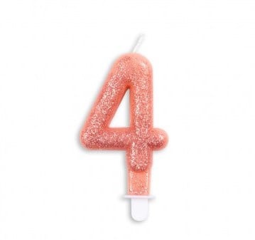 Taart kaars 4 jaar rose goud glitter 7 cm.