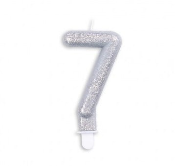 Taart kaars 7 jaar zilver glitter 7 cm.