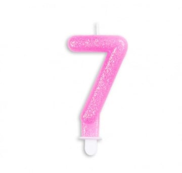 Taart kaars 7 jaar roze glitter 7 cm.