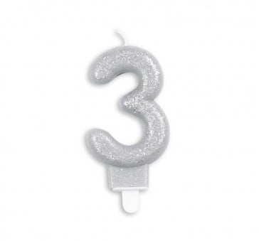 Taart kaars 3 jaar zilver glitter 7 cm.