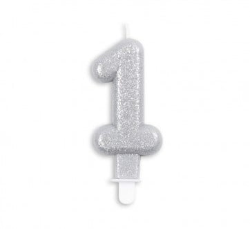 Taart kaars 1 jaar zilver glitter 7 cm.