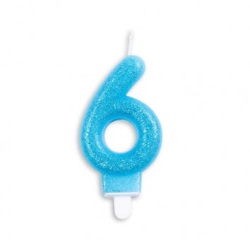 Taart kaars 6 jaar blauw glitter 7 cm.