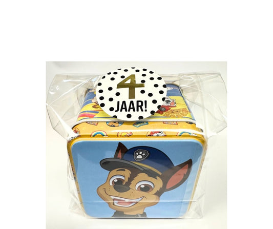 Paw Patrol traktatie gevuld snoepblikje (met sticker naar keuze)